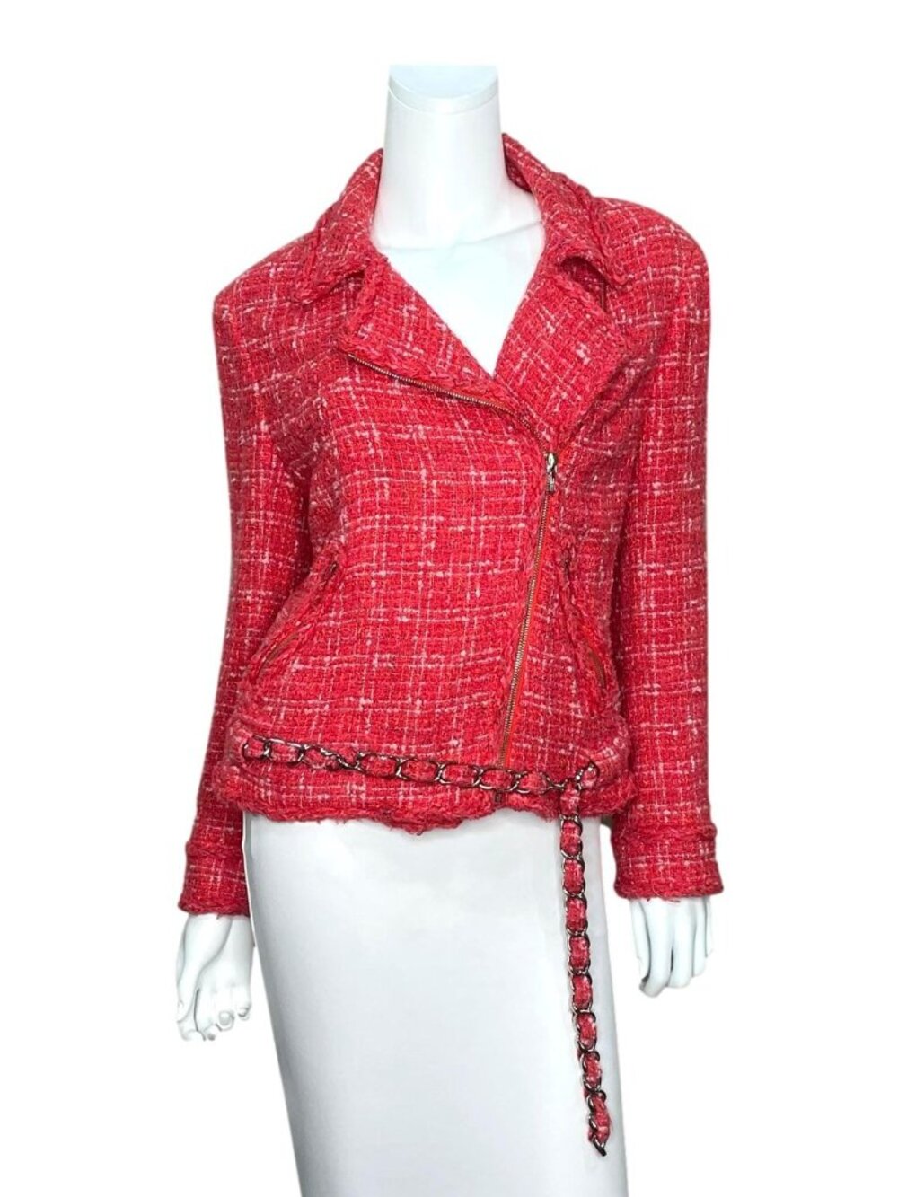 CHANEL 06P Runway Coral Pink Red Tweed Biker Jacket Chain Belt - FR 42 US 8/10